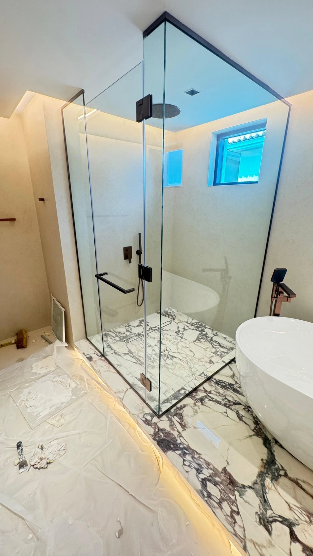Frameless Shower Enclosure, Marble Bath